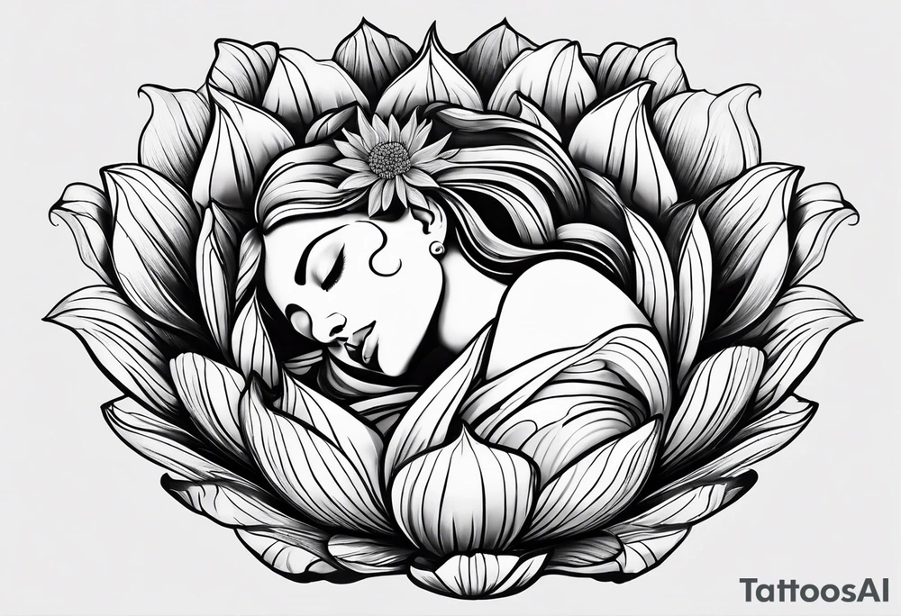 black and white tattoo design of the woman asleep in a fetal position inside a closed flower bud, styled for my wrist. tattoo idea