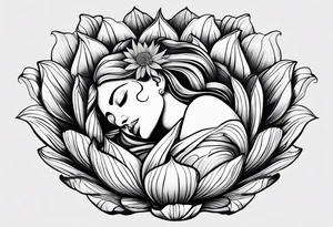 black and white tattoo design of the woman asleep in a fetal position inside a closed flower bud, styled for my wrist. tattoo idea