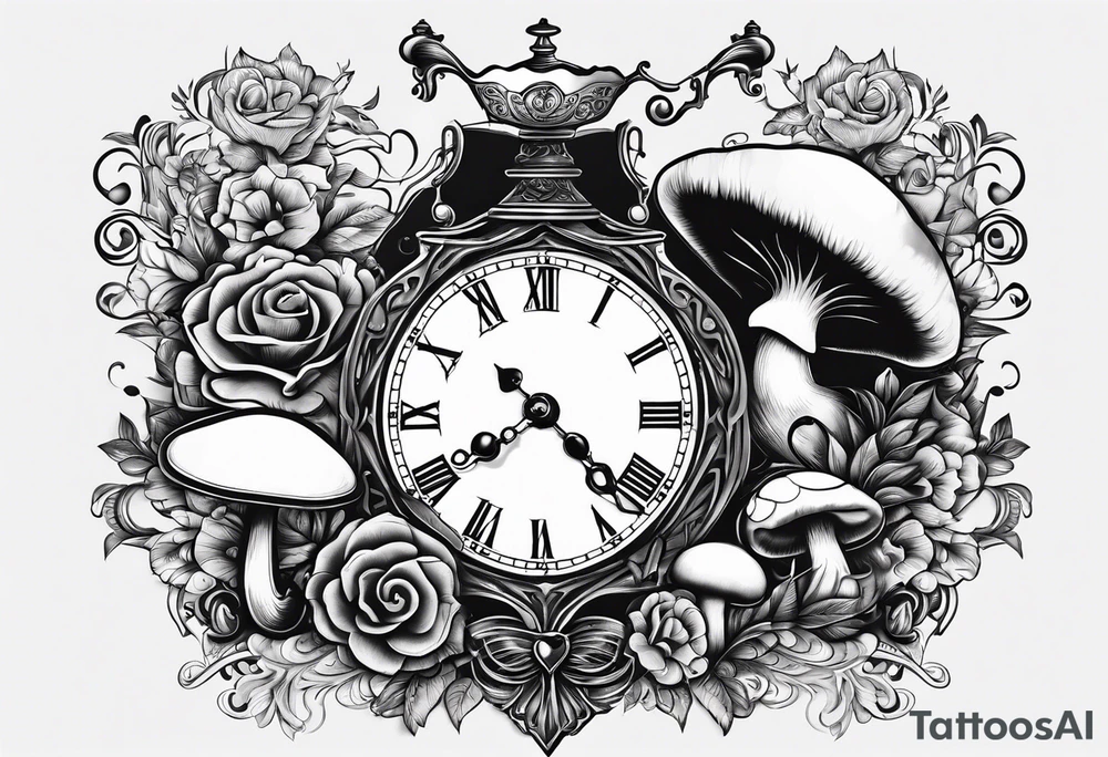 Clock, spade, heart, mushroom, key, doorknob, chesire cat, top hat, tea set tattoo idea