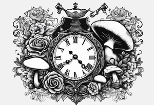 Clock, spade, heart, mushroom, key, doorknob, chesire cat, top hat, tea set tattoo idea