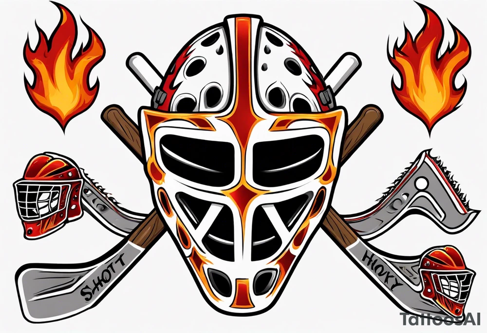 a goalie mask and crossed hockey sticks with flames that says "SHOT HOCKEY" tattoo idea