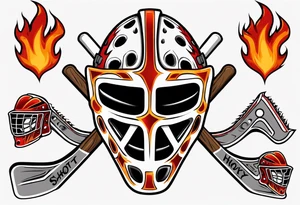 a goalie mask and crossed hockey sticks with flames that says "SHOT HOCKEY" tattoo idea