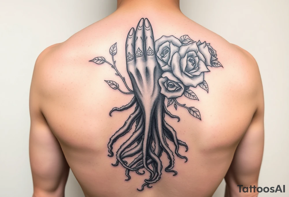 Gods hand, squid knight with roses and tree roots tattoo idea Gods hand, squid knight with roses and tree roots tattoo idea