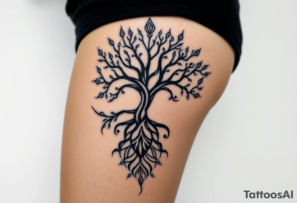 mystical tree of life with cosmic roots and celestial branches tattoo idea