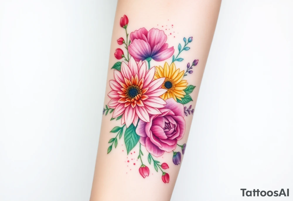 Chrysanthemum, peony, and larkspur bundle with colour splashes. tattoo idea