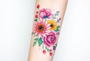 Chrysanthemum, peony, and larkspur bundle with colour splashes. tattoo idea