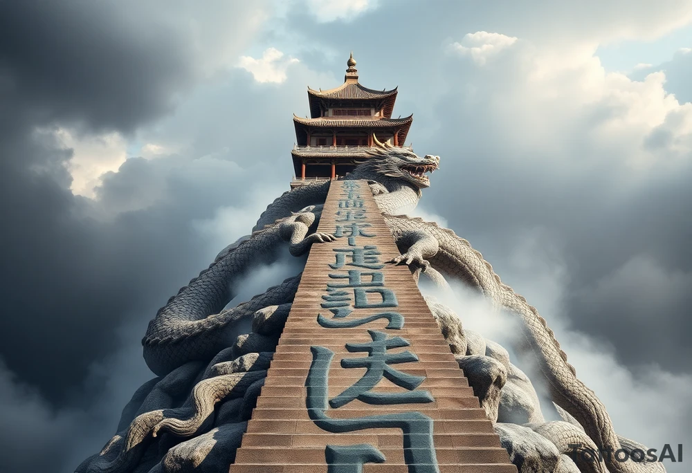Um templo chinês majestoso no topo da composição, envolto por nuvens densas e etéreas, transmitindo uma sensação de mistério e espiritualidade. Uma longa escadaria de pedra se estende desde a base da tatuagem até o templo, simbolizando a jornada e a ascensão. Um dragão chinês em espiral envolve toda a escada, com o corpo sinuoso acompanhando cada degrau, como se estivesse protegendo o caminho sagrado. As nuvens se misturam ao corpo do dragão, criando movimento, profundidade e um visual harmonioso, reforçando a ideia de força, sabedoria e transcendência. tattoo idea