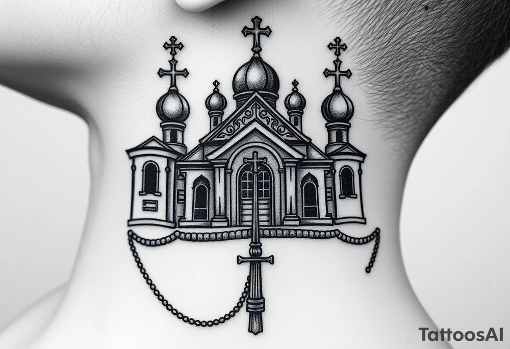 russian orthodox church with the crosses above being christian orthodox but in a AK47 style with a beaded orthodox thurible chain tattoo idea