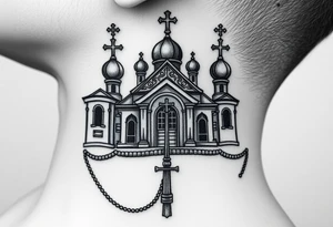 russian orthodox church with the crosses above being christian orthodox but in a AK47 style with a beaded orthodox thurible chain tattoo idea