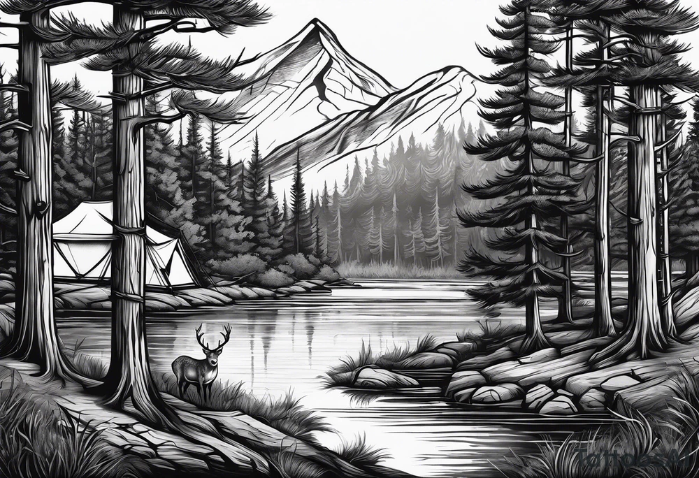 Pine forest with a river, a tent with a campfire, and a deer tattoo idea