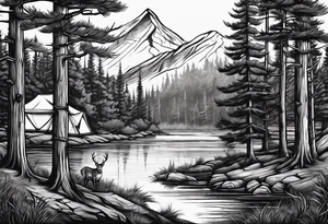 Pine forest with a river, a tent with a campfire, and a deer tattoo idea