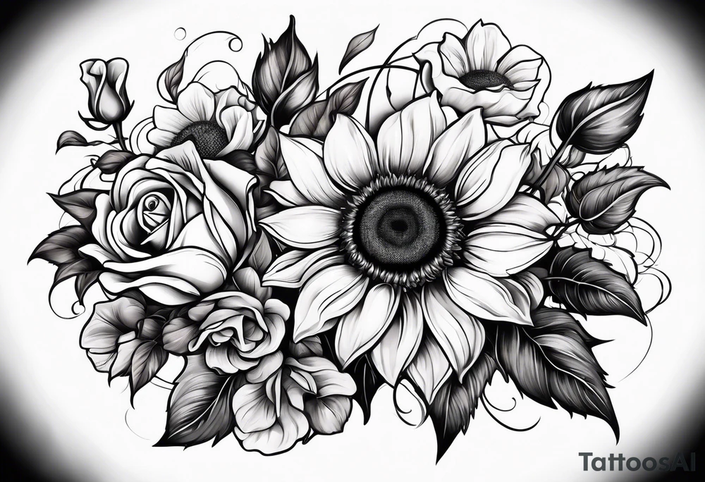sunflower rose sweet pea bouquet tattoo idea