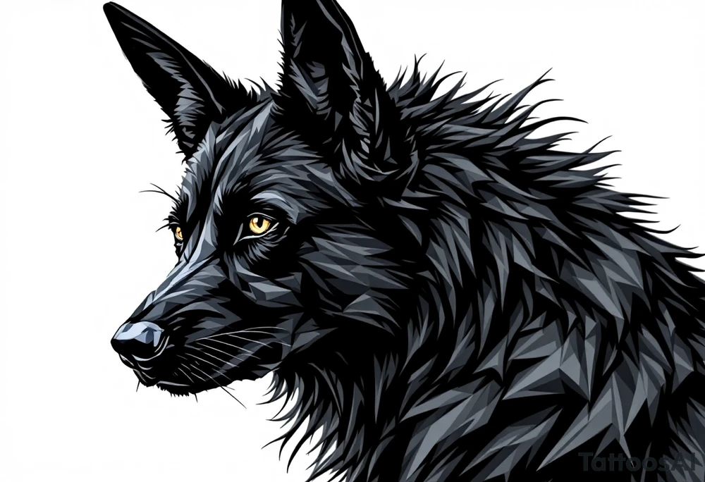 a creature that looks strongly like Anubis, a black Labrador and a black German Shepard, with the tall pointy ears of a jackal, looking back, serious and daring tattoo idea