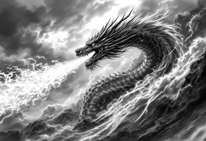 fierce dragon breathing iridescent fire against stormy skies tattoo idea