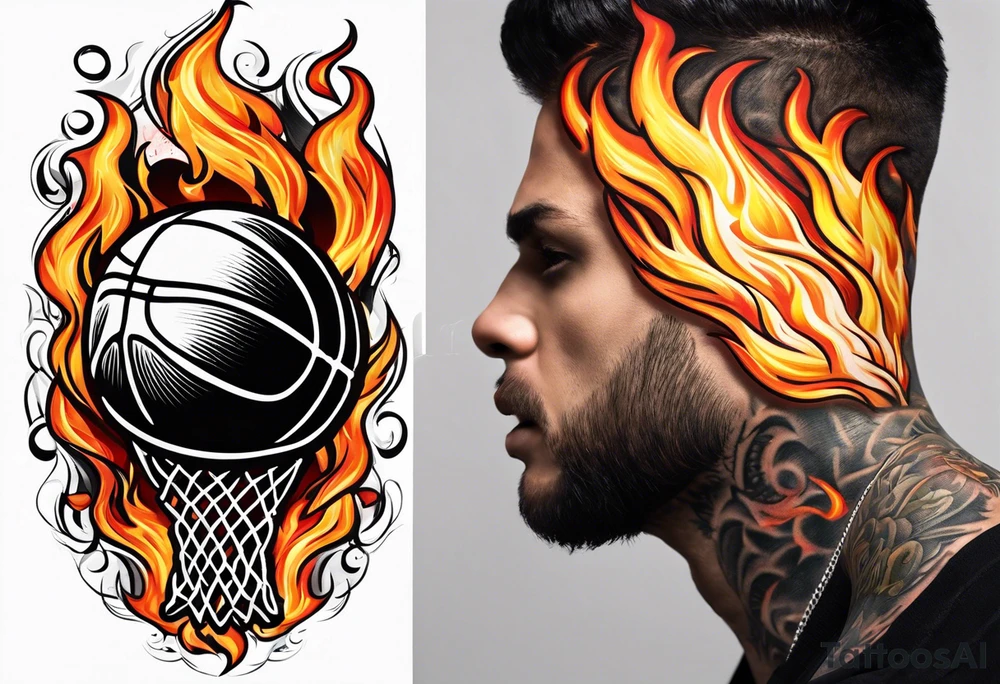 Basketball on fire into a hoop tattoo idea