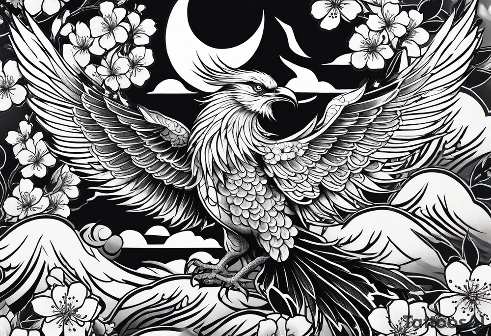 traditional Japanese phoenix and cherry blossoms high detail tattoo idea
