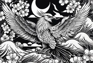 traditional Japanese phoenix and cherry blossoms high detail tattoo idea