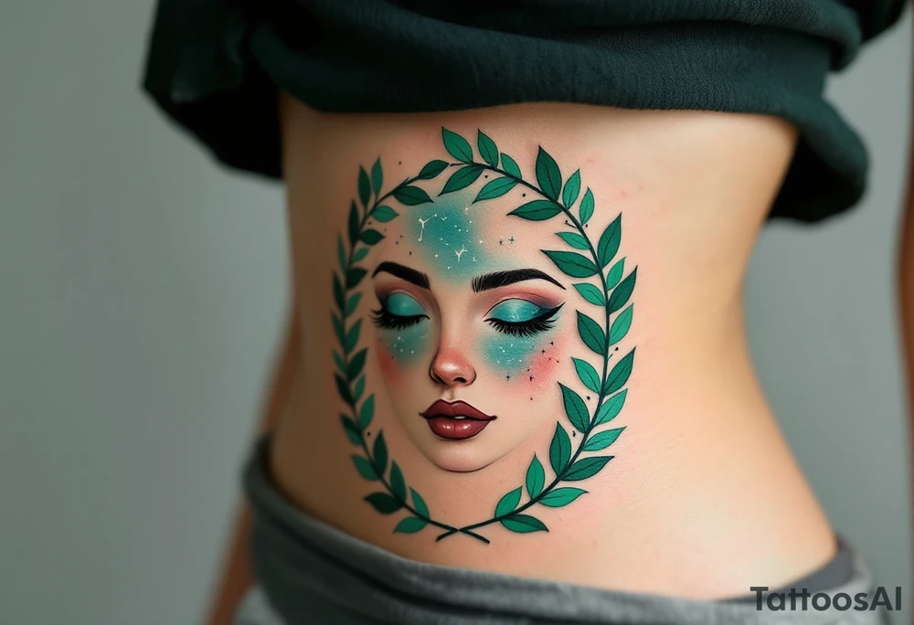 A Virgo constellation in deep emerald green overlays a serene face framed by cornflower-blue laurel leaves. tattoo idea