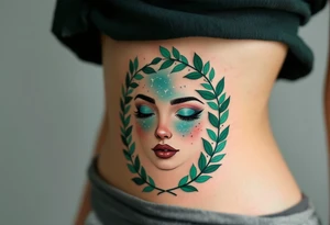 A Virgo constellation in deep emerald green overlays a serene face framed by cornflower-blue laurel leaves. tattoo idea