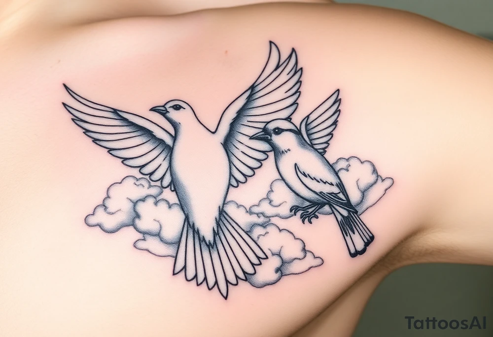 Dove and a blue jay, clouds, shining light to or from heaven tattoo idea