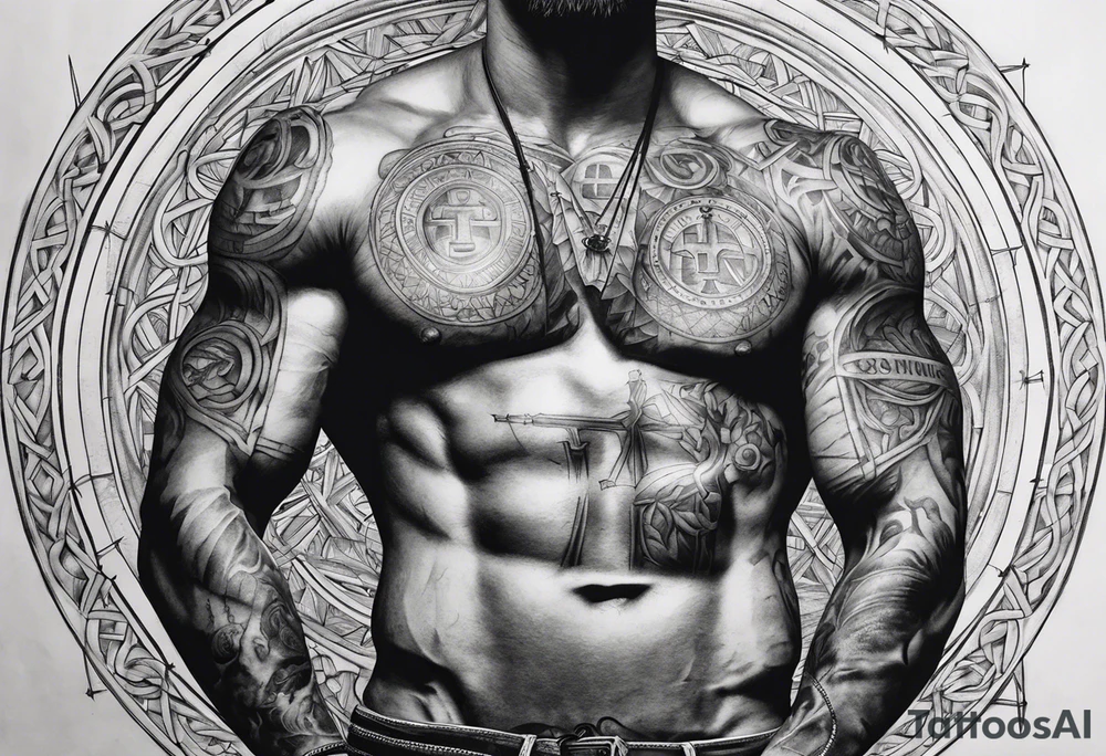 Crucified man in rom
an numerals circle in arm tattoo idea