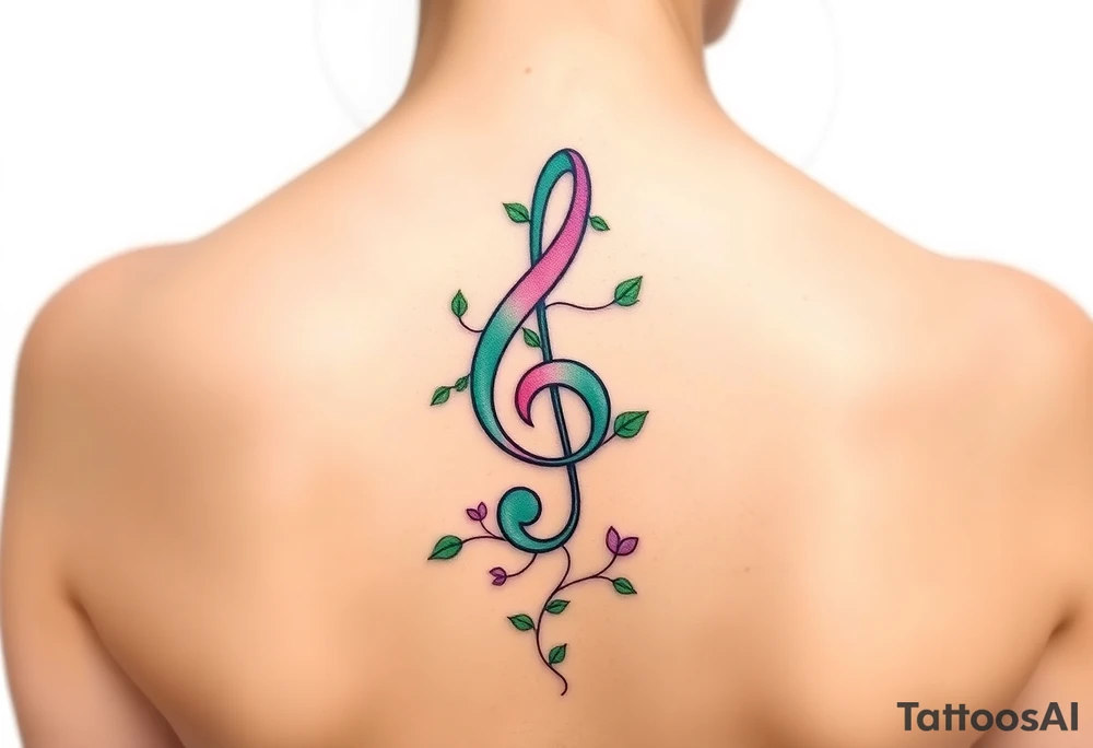 treble clef with vines growing around it, in shades of green, light pink, and soft purple tattoo idea