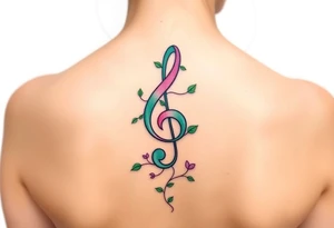 treble clef with vines growing around it, in shades of green, light pink, and soft purple tattoo idea