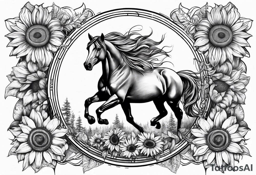 Horse, compass, sunflower tattoo idea
