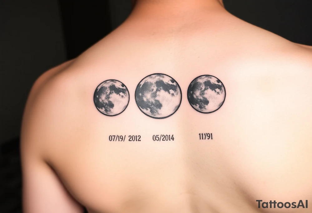 moon phases for 07/19/2012, 05/26/2014, and 11/05/1991 tattoo idea