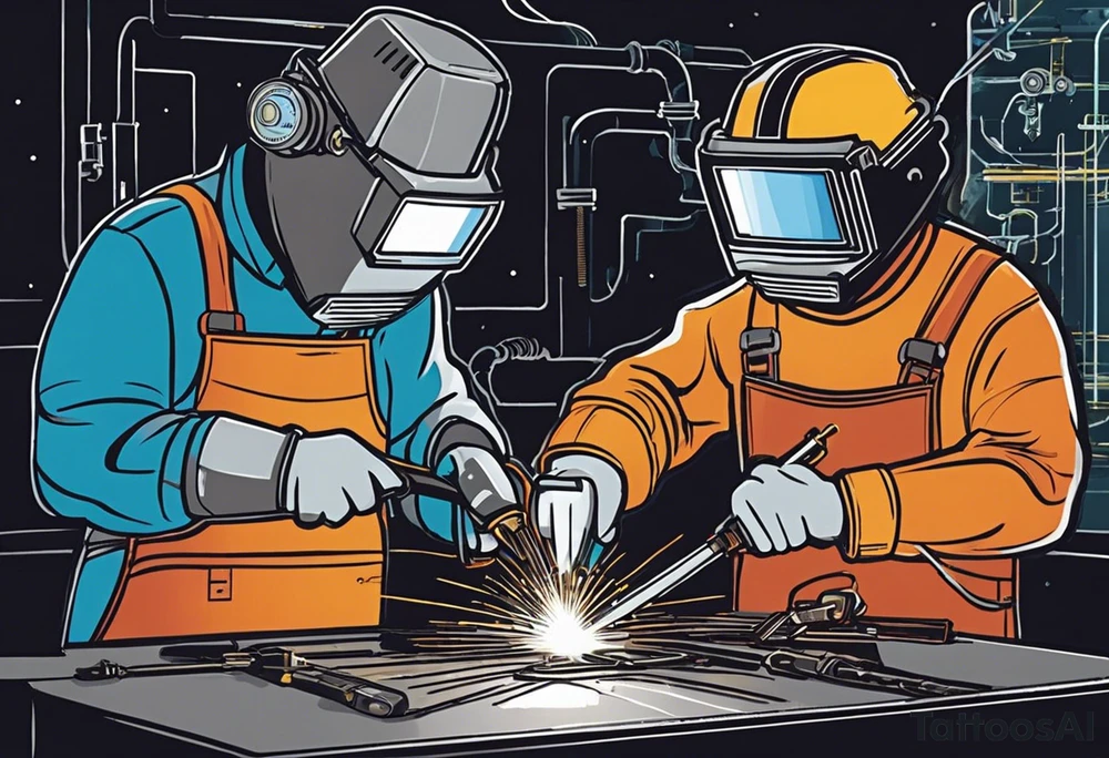 Two 60-year-old characters working together on creating a big mechanism made of iron and electronic circuits. The first character is a welder, dressed in a welding suit and mask. The second character is a fitter, wearing a shirt with sleeves rolled up to the forearms and a tool belt. No hat. The mechanism they are working on should be in the center of the drawing, should look like a heart and to be 1\5 of the whole immage.  Characters positioned on either side of the mechanism. The sketch should convey a sense of teamwork and craftsmanship tattoo idea