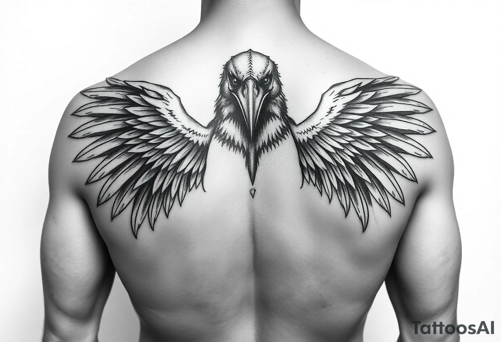 Create a detailed upper back tattoo design featuring a central figure with a crow head facing forward, a human body, and two symmetrical angel wings extending outward. . Use a grayscale style with intricate shading, ensuring a balanced and bold composition. Avoid side profiles for the crow head, keeping it directly forward tattoo idea