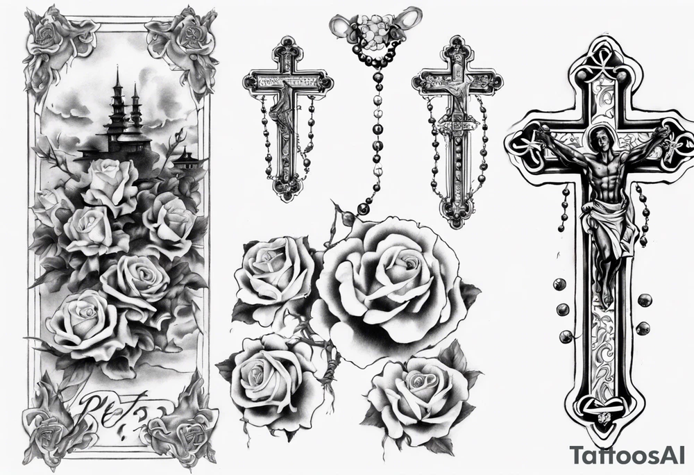 men’s arm sleeve, rosary, the name Peters, 1997, cross tattoo idea