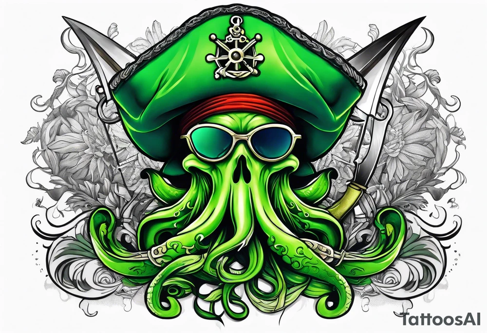 green pirate squid with eyepatch holding sword and anchor tattoo idea