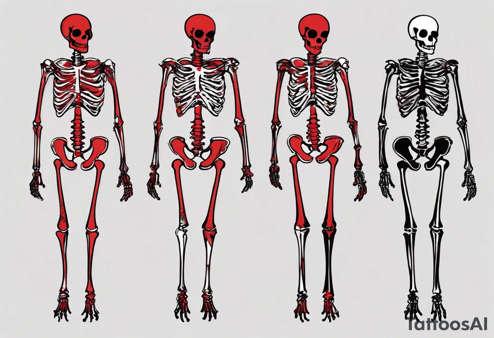 The location of the tattoo is on my left side rib cage.
It should be the size of a postcard, but can extend up/ down. (I'm 185CM tall for reference)
The tattoo should be of a red/white skeleton walking away.
The skeleton should wear a red/ black suit. tattoo idea
