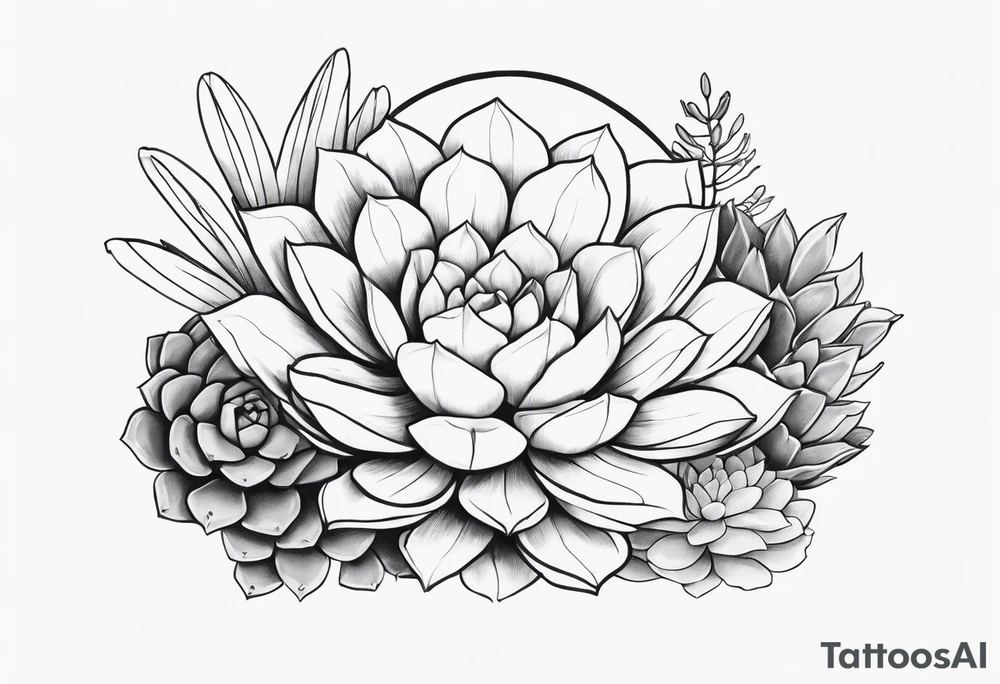 fine line one big succulent in the middle. Two smaller succulents on the side. Dogs and floral
. Sternum tattoo grey scale shading tattoo idea