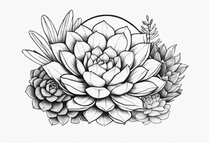 fine line one big succulent in the middle. Two smaller succulents on the side. Dogs and floral
. Sternum tattoo grey scale shading tattoo idea