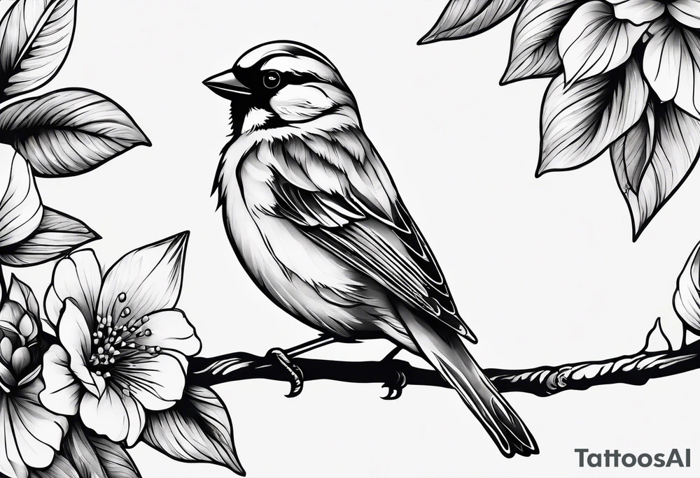 Create a delicate tattoo of a sparrow perched on a branch, featuring soft details and subtle shading for a gentle look tattoo idea