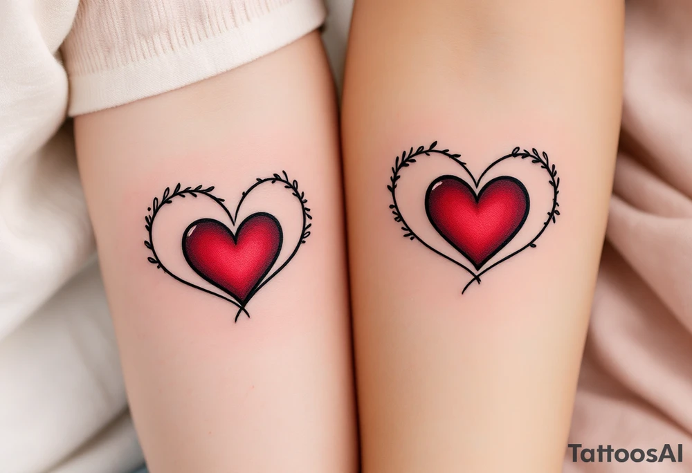 A matching couple’s design: black infinity loops with mirrored crimson hearts in the center. tattoo idea