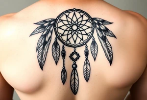 native dreamcatcher with flowing feathers and sacred beads tattoo idea