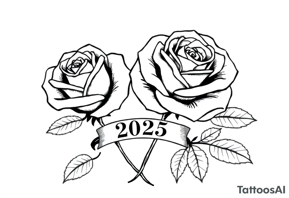 two beautiful large rose buds, one larger than the other, with many leaves next to the rose buds, with one sitting slightly higher than the other, side-by-side.  Include a banner connecting the two roses with the year 2025 on it.   Use dark outlines with little shading. No stems tattoo idea