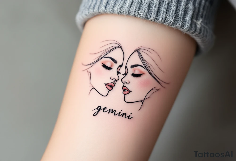 A continuous line drawing of twin faces, flowing together in a smooth and modern design with subtle pastel highlights with word "gemini" tattoo idea