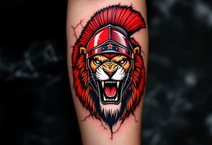 A roaring lion wearing a Sparta hockey helmet above the red Sparta logo on a cracked ice background. tattoo idea
