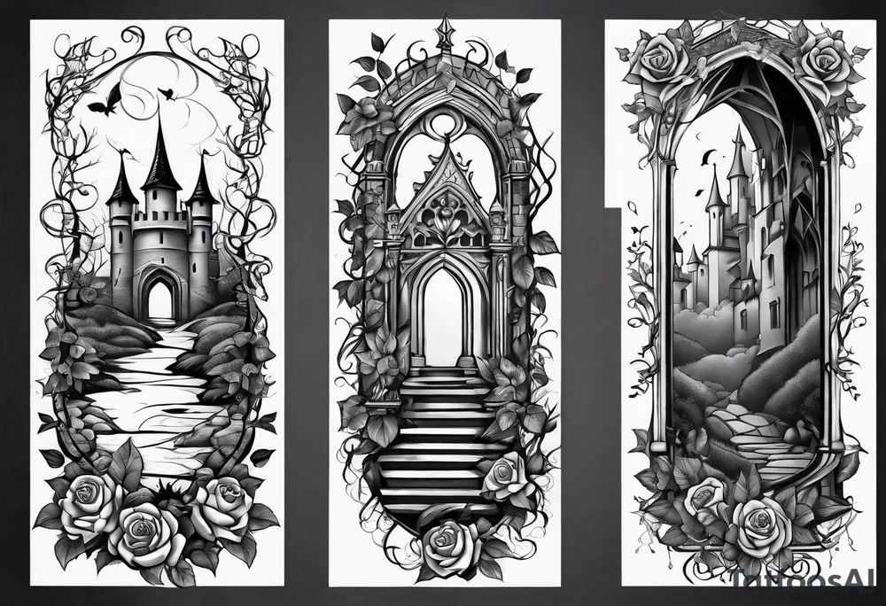 tattoo fool sleeve, old broken gothic castle, broken sword, tree roots break out of the chains, roses tattoo idea