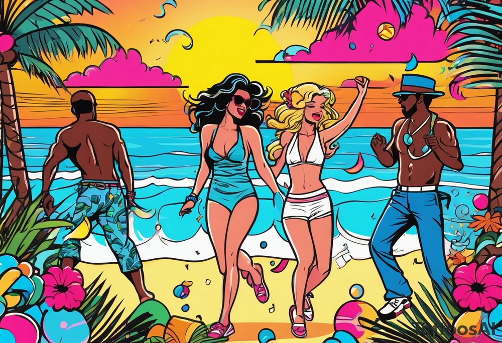 1980's miami vice style beach dance 
party, include confetti, music notes, boom box, bikinis sunset in the center tattoo idea