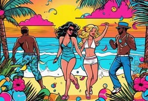 1980's miami vice style beach dance 
party, include confetti, music notes, boom box, bikinis sunset in the center tattoo idea