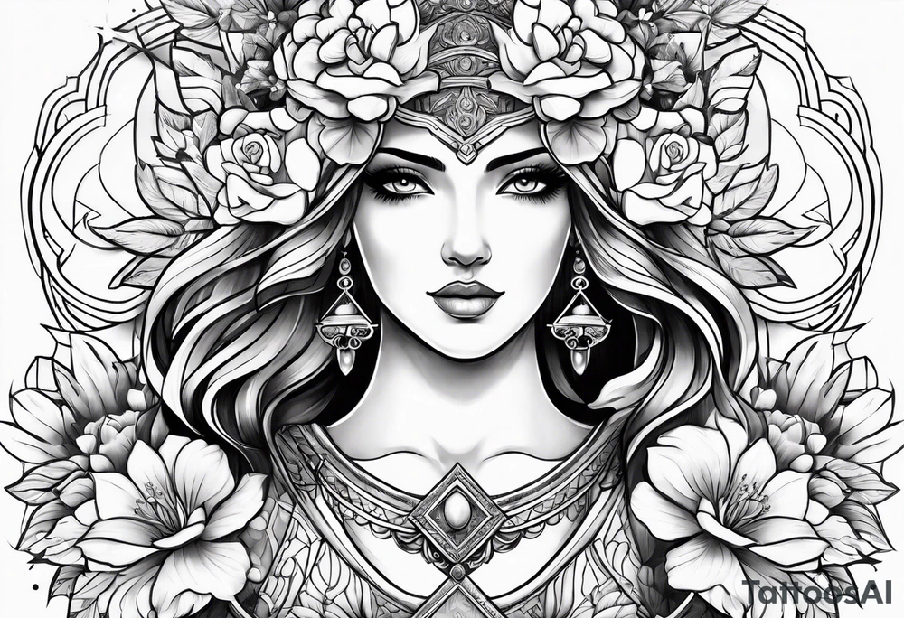 Goddess of justice with flowers tattoo idea