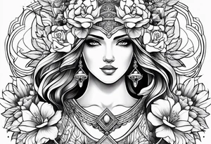 Goddess of justice with flowers tattoo idea