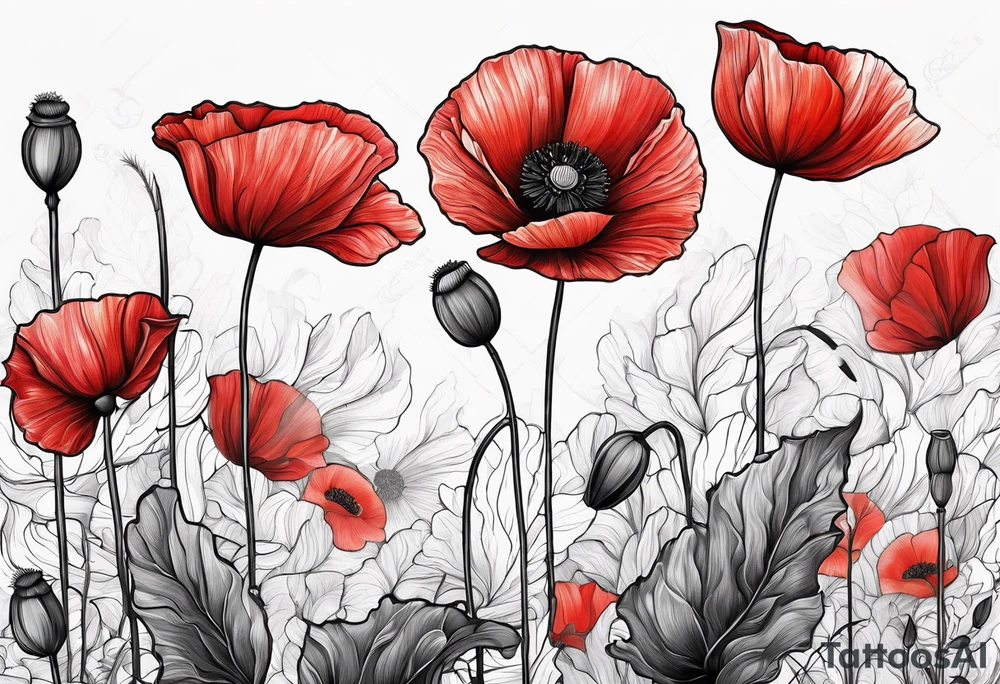 Long red poppy flower tattoo idea