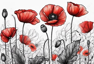 Long red poppy flower tattoo idea