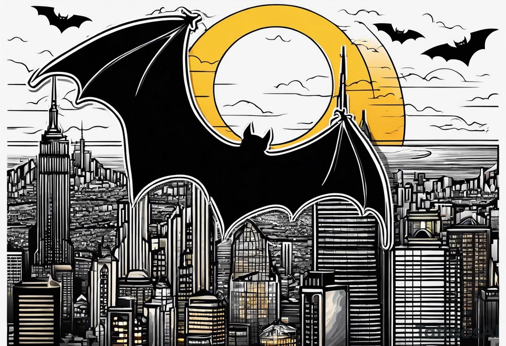 bat signal at night over a cityscape tattoo idea